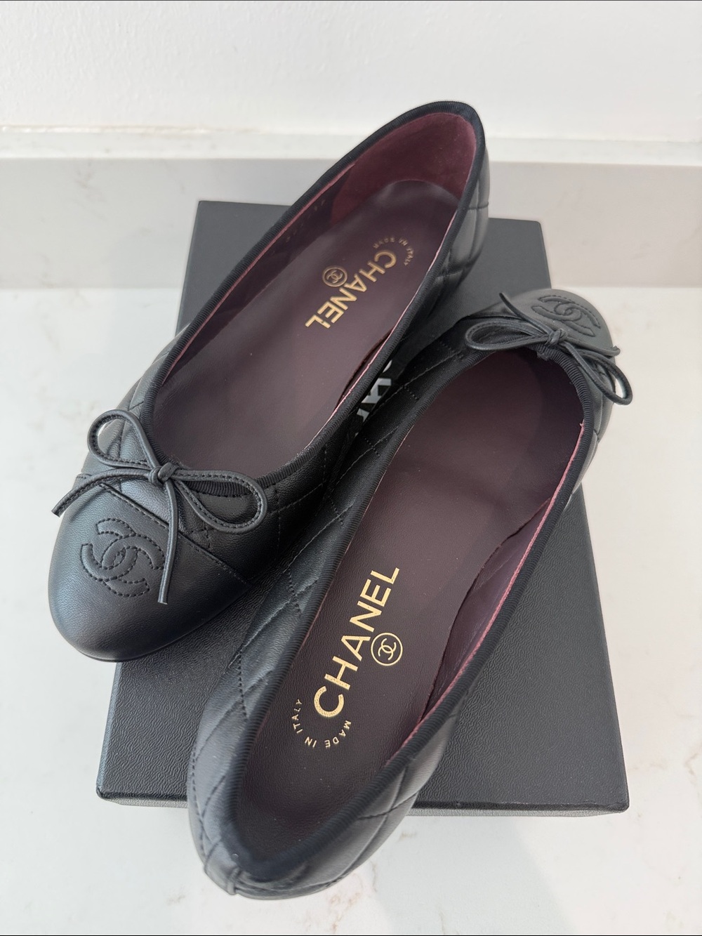 CHANEL Black Quilted Leather CC Bow Ballet Flats